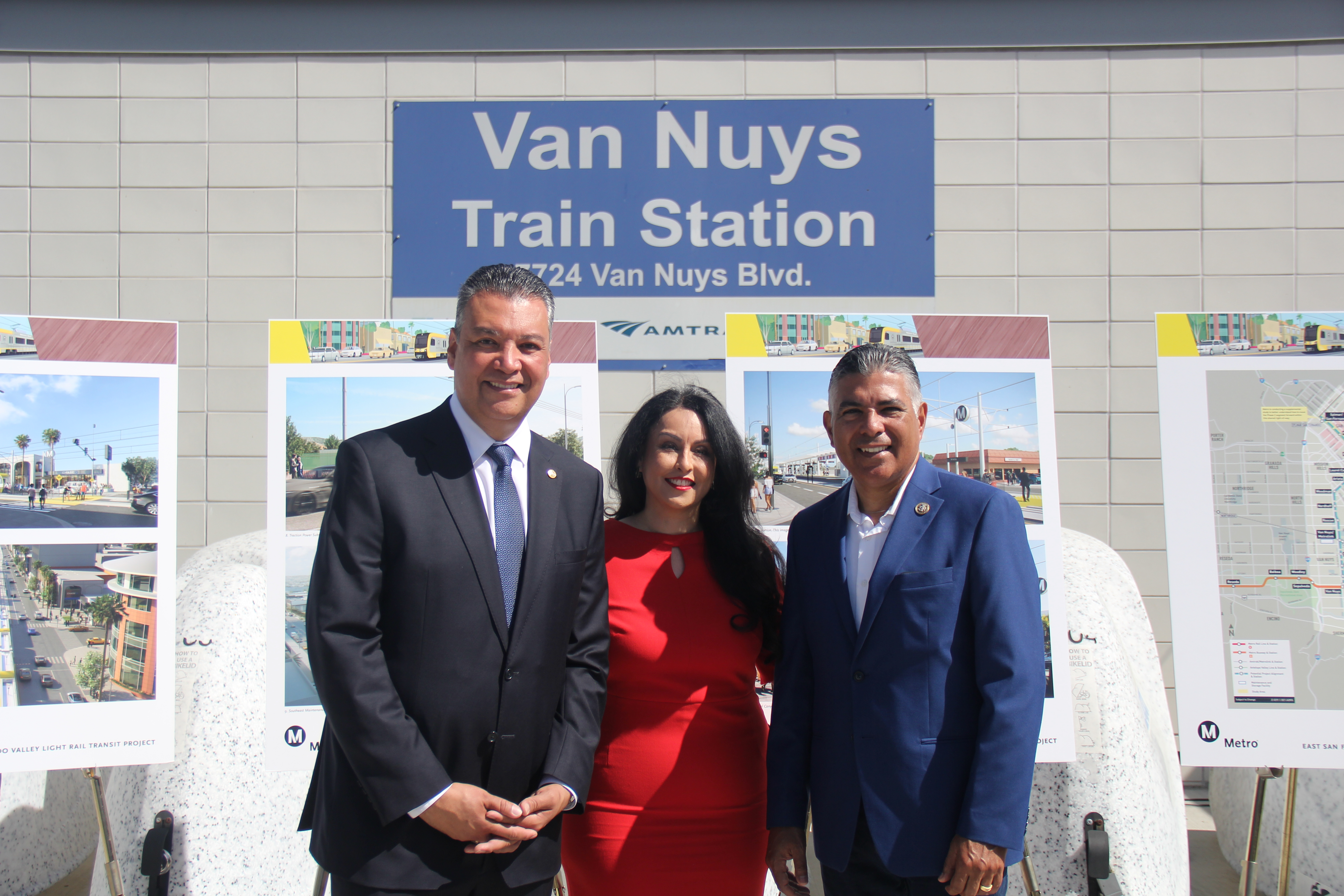 Rep. Cárdenas, Sen. Padilla, and LA City Council President Martinez at light rail presser